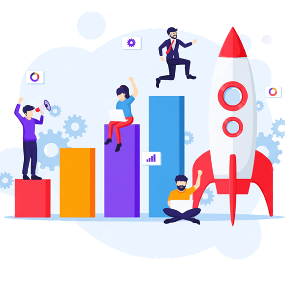 People climbing colorful chart bars next to a rocket — symbolic of growth and success